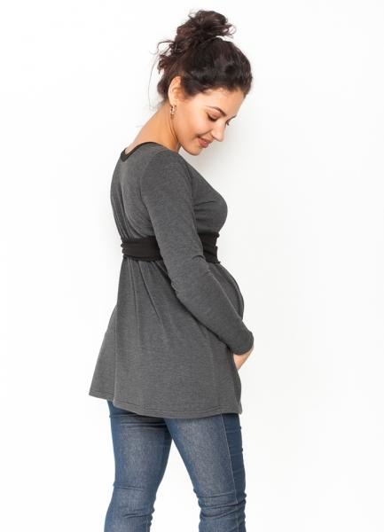 Těhotenská tunika s páskem, dlouhý rukáv Amina - grafit/pásek - černý, vel. L - L (40)