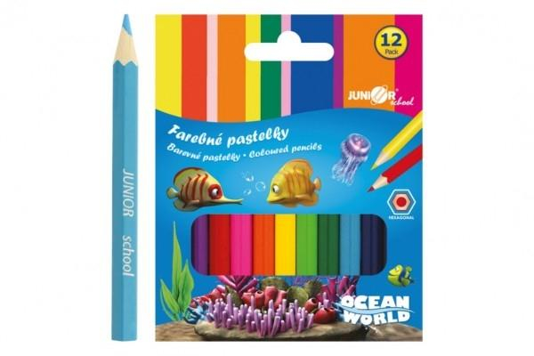 Pastelky barevné dřevo krátké Ocean World šestihranné 12 ks v krabičce 9x11,5x1cm 12k