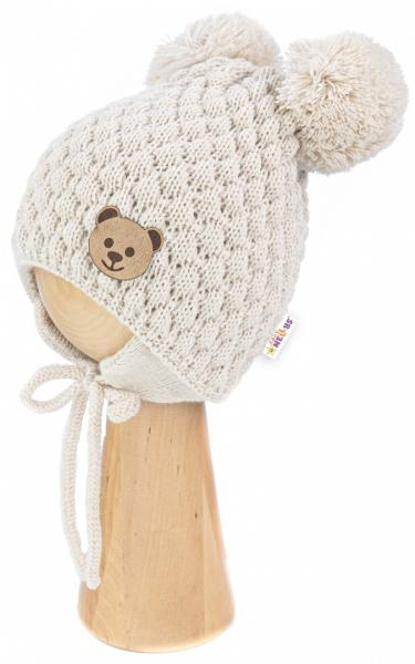 Zimní pletená čepice Teddy Bear na zavazování, ecru - béžová, - 56-68 (0-6 m)