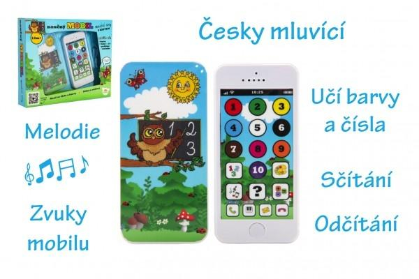 Naučný mobilní telefon moudré sovy s krytem plast na baterie se zvukem v krabici 22x1