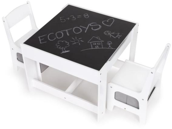 Dětský dřevěný nábytek Eco toys, stoleček s tabulí + dvě židličky - bílá/šedá