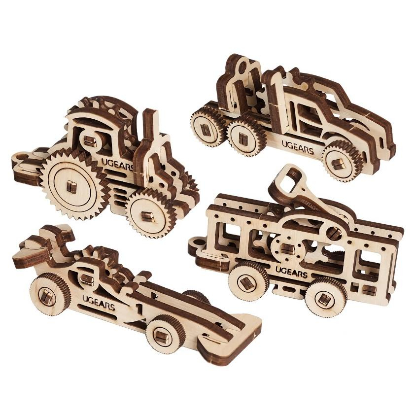 Ugears 3D dřevěné mechanické puzzle 4 mechanické přívěšky Vozidla