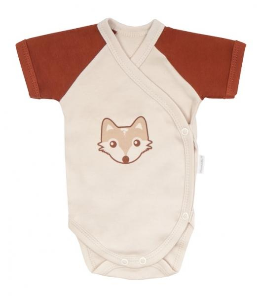 Kojenecké body kr. rukáv, zapínání bokem, Baby Fox - béžová/hnědá, vel. 62 - 62 (2-3m) - béžová/hnědá - 56 (1-2m)