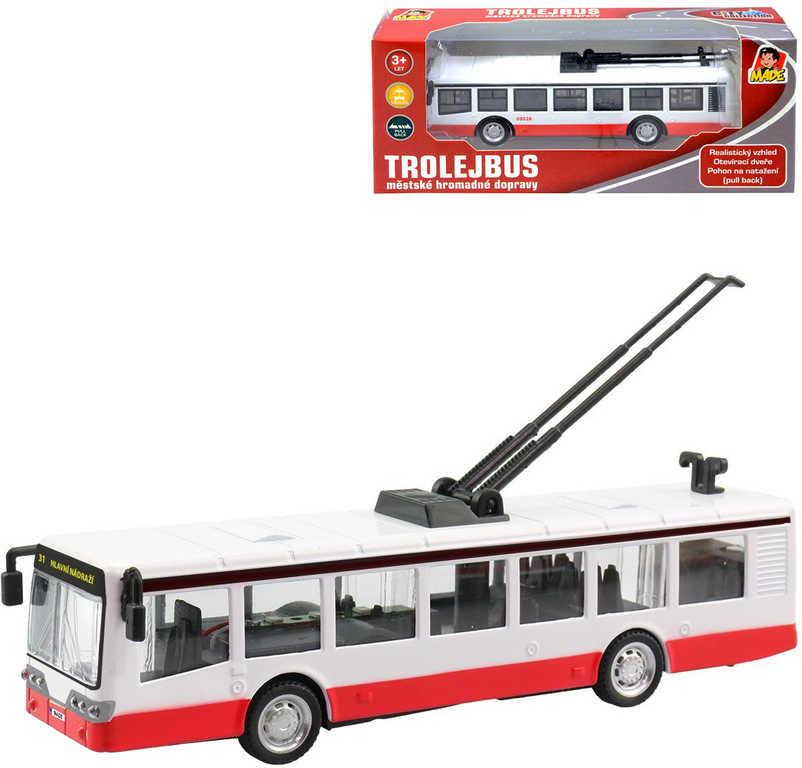 Trolejbus kovový 16cm zpětný chod český design otevírací dveře