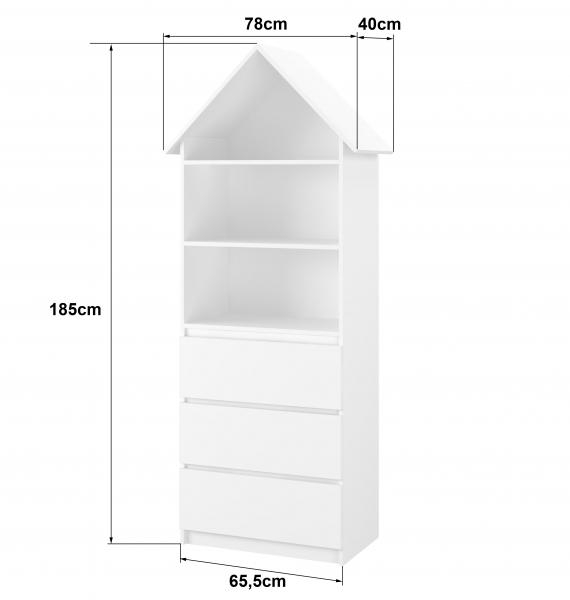 Dřevěná knihovna/skříň na hračky Domeček A3, bílá/bílá