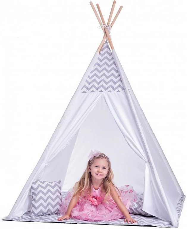 WOODY Stan dětský indiánský 124x170x124cm set bílé TeePee + polštářek 2ks